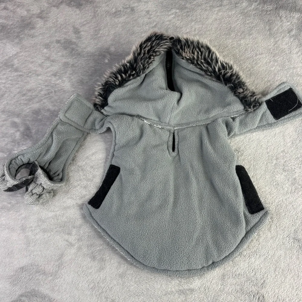Herringbone Dog Coat Unisex‎ Small Grey Faux Fur Hooded Fleece Lined